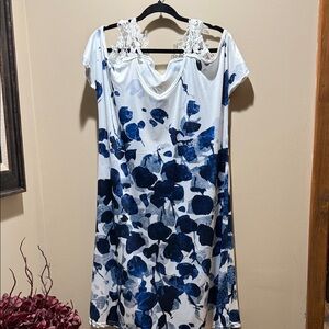 Floral Blue and White Dress with Lace Detail